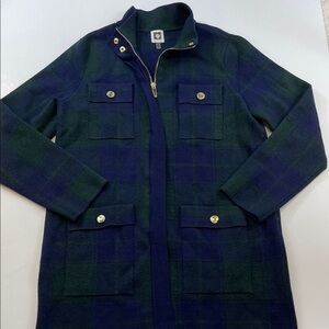 Anne Klein Plaid Sweater Coat Blackwatch Tartan Zip Frint Jacket Women’s Sz M